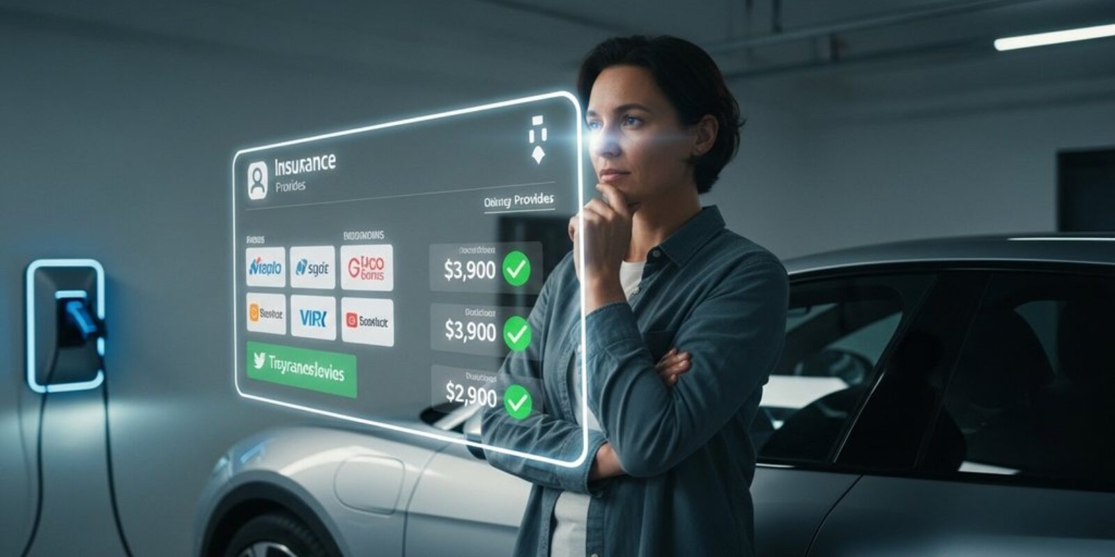 Person vergleicht Tarife für eine E-Auto Versicherung auf einem digitalen Display vor ihrem Elektroauto.