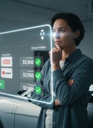 Person vergleicht Tarife für eine E-Auto Versicherung auf einem digitalen Display vor ihrem Elektroauto.