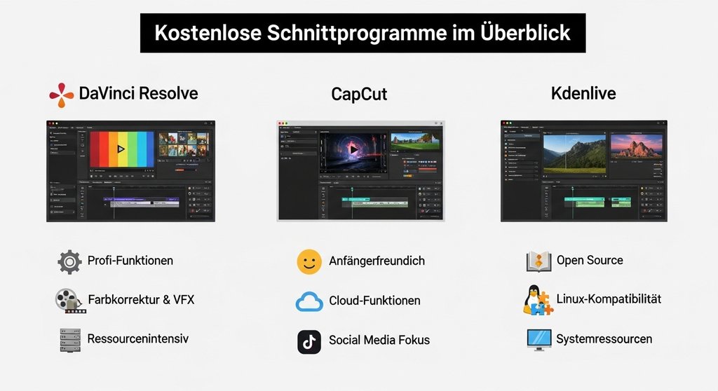 Vergleich der besten kostenlosen Videoschnittprogramme für Anfänger: DaVinci Resolve, CapCut und Kdenlive.