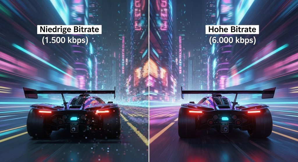 Vergleich der Bildqualität in OBS Studio bei niedriger und hoher Streaming-Bitrate.