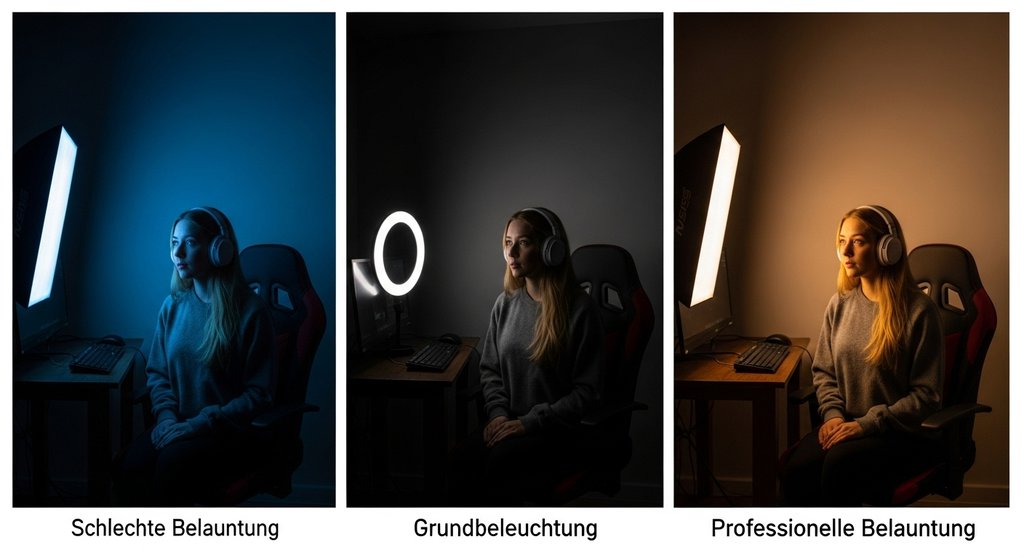 Vergleich der Wirkung von schlechter, guter und professioneller Beleuchtung für ein Streaming Setup.
