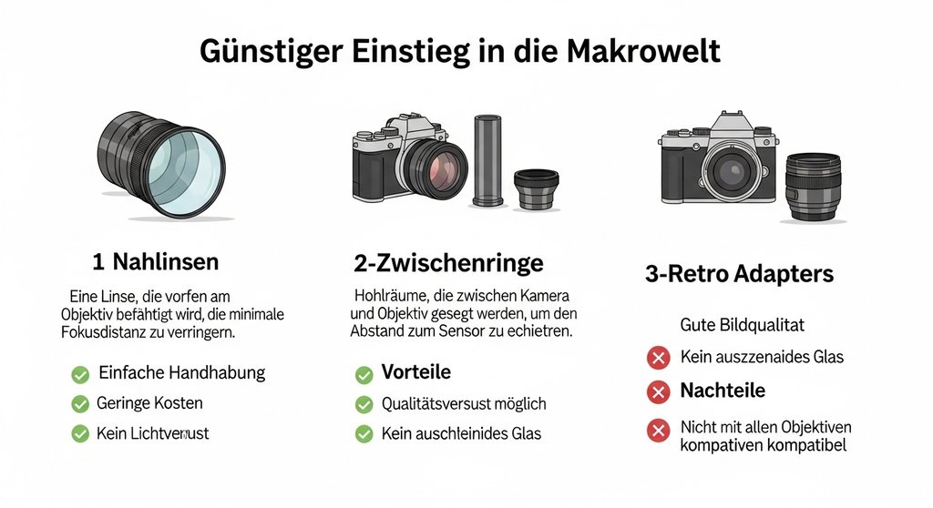 Vergleich von Nahlinsen, Zwischenringen und Retroadaptern für die Makrofotografie.