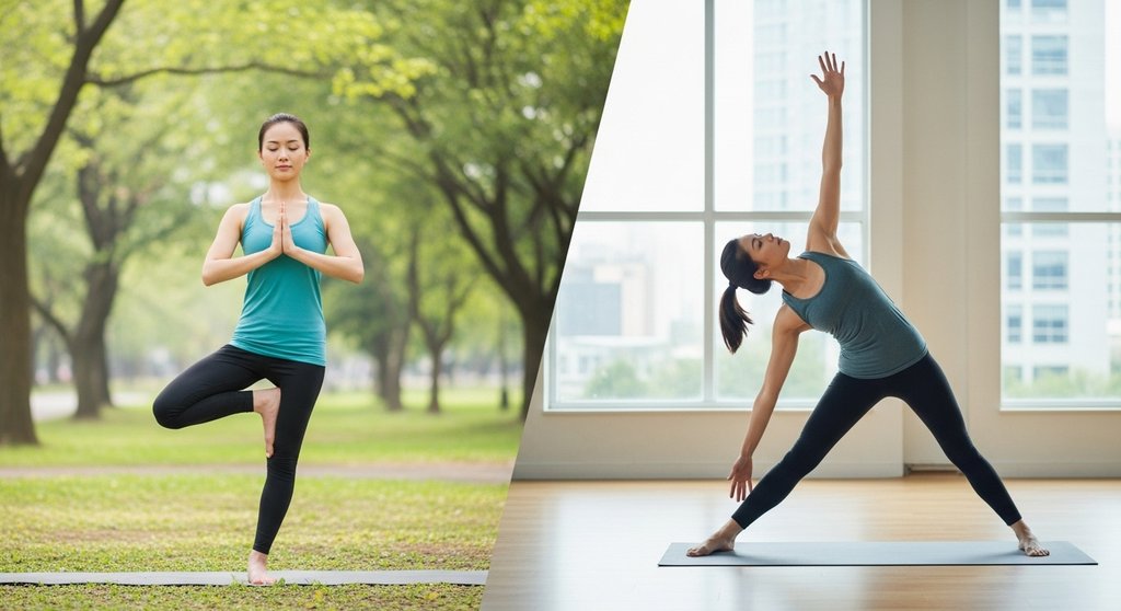 Vergleich von ruhigem Hatha Yoga und dynamischem Vinyasa Yoga.