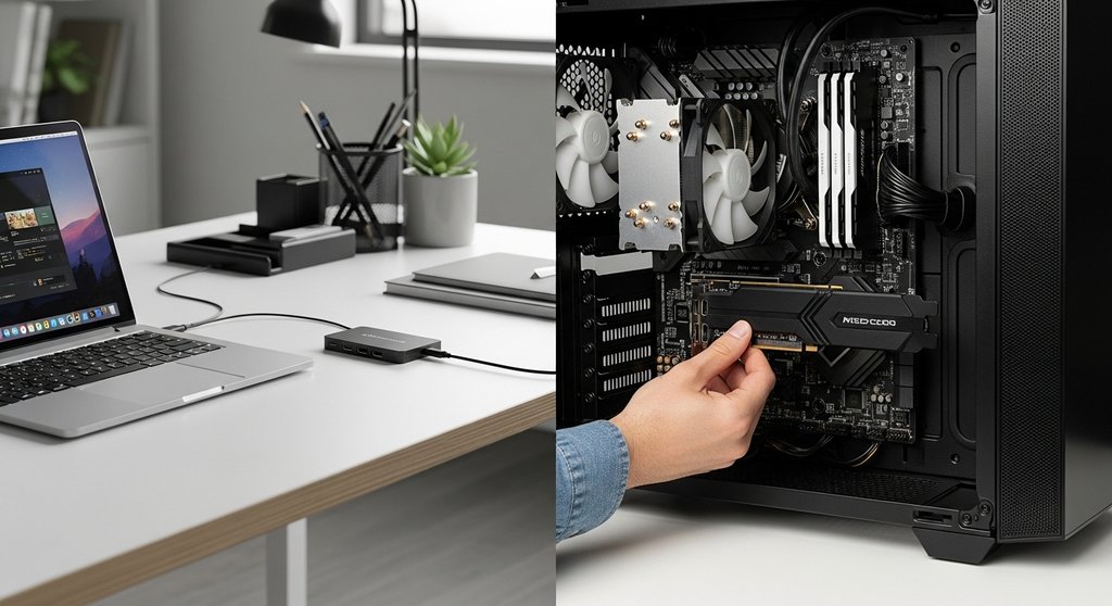 Vergleich zwischen einer flexiblen externen USB-Capture-Card und einer internen PCIe-Karte.