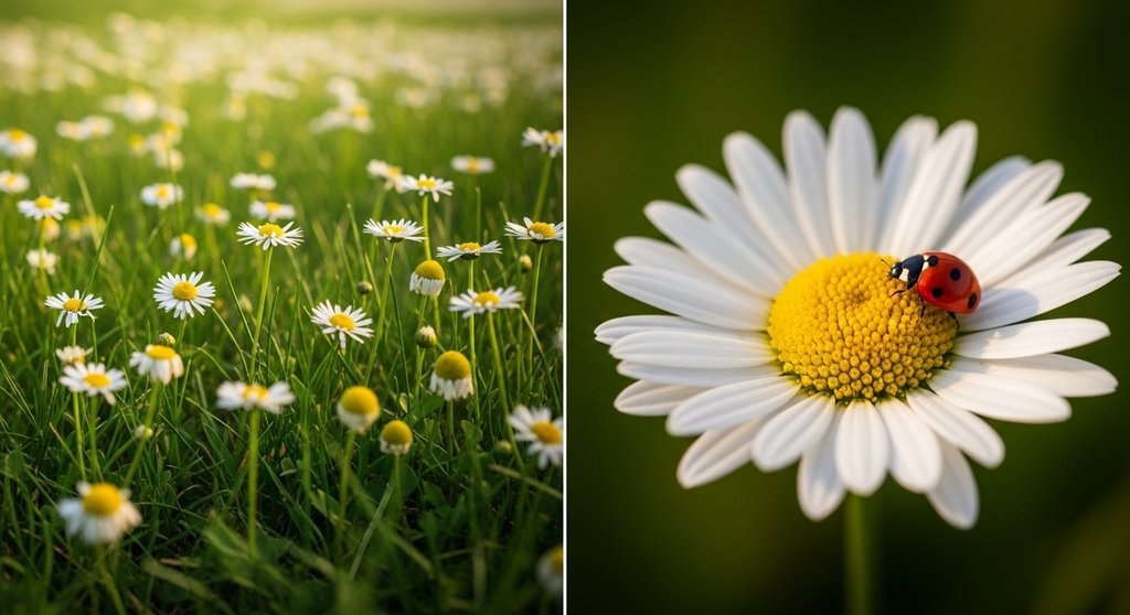 Vergleich zwischen normaler Ansicht und Makrofotografie-Ansicht einer Blume mit Marienkäfer.