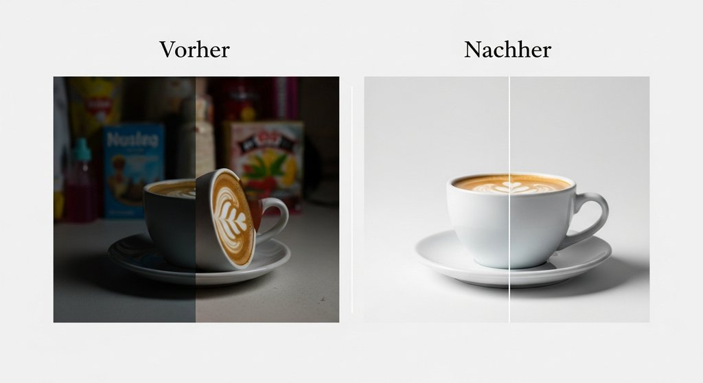 Vergleichsgrafik, die den Unterschied zwischen schlechter und guter Produktfotografie zeigt.