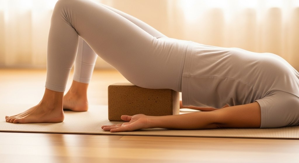 Yogablock zur Unterstützung in der Brücken-Pose (Setu Bandhasana) für eine restorative Rückbeuge.