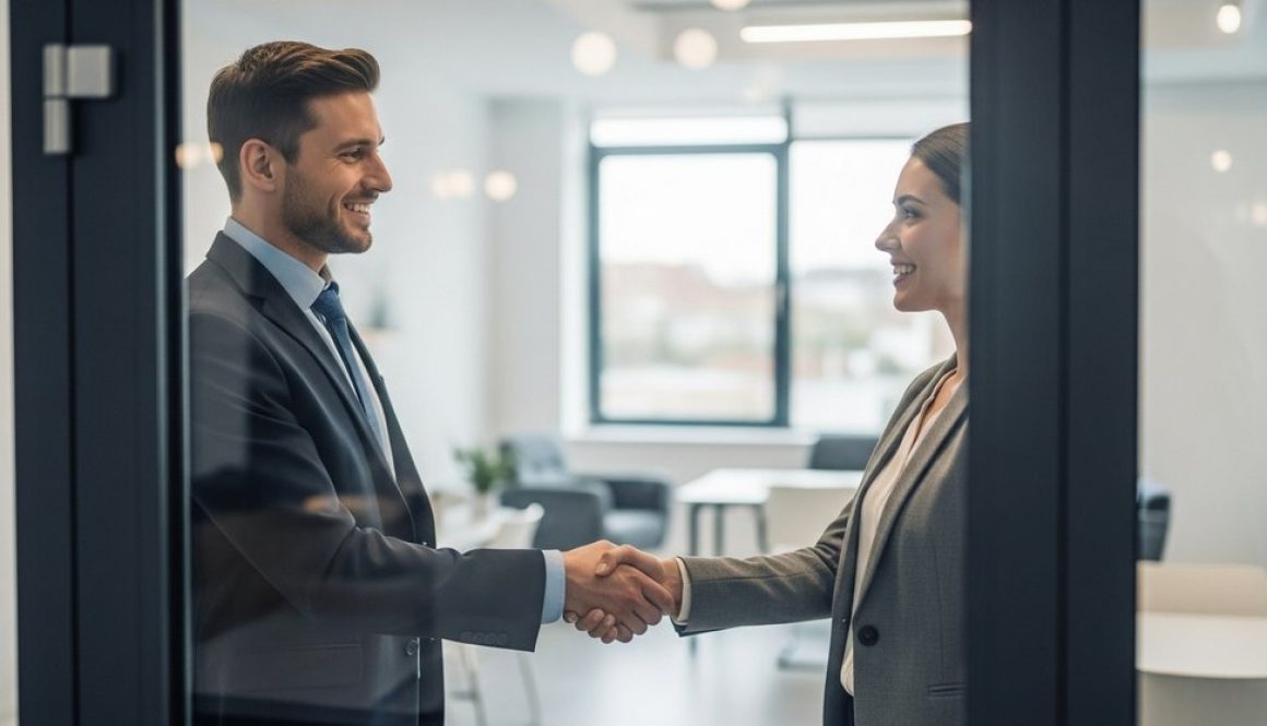 Zufriedene Bewerberin nach einem erfolgreichen Vorstellungsgespräch.