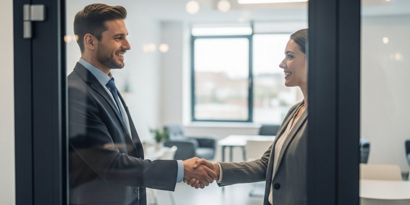 Zufriedene Bewerberin nach einem erfolgreichen Vorstellungsgespräch.