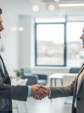 Zufriedene Bewerberin nach einem erfolgreichen Vorstellungsgespräch.