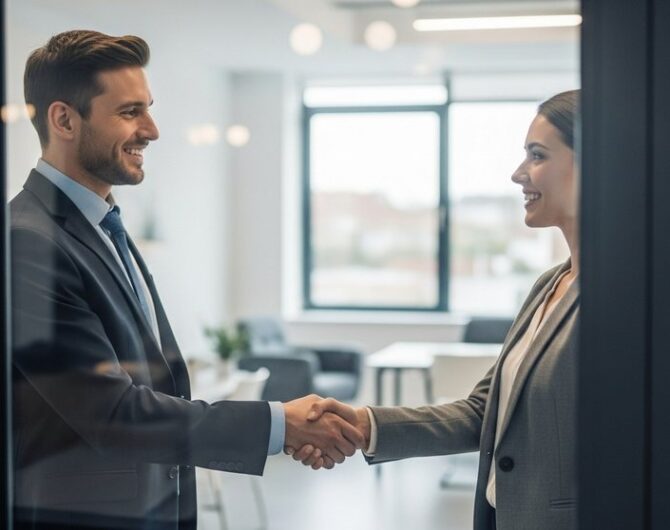 Zufriedene Bewerberin nach einem erfolgreichen Vorstellungsgespräch.