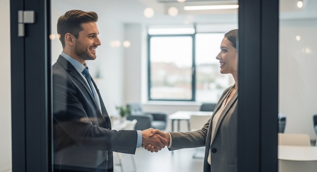Zufriedene Bewerberin nach einem erfolgreichen Vorstellungsgespräch.
