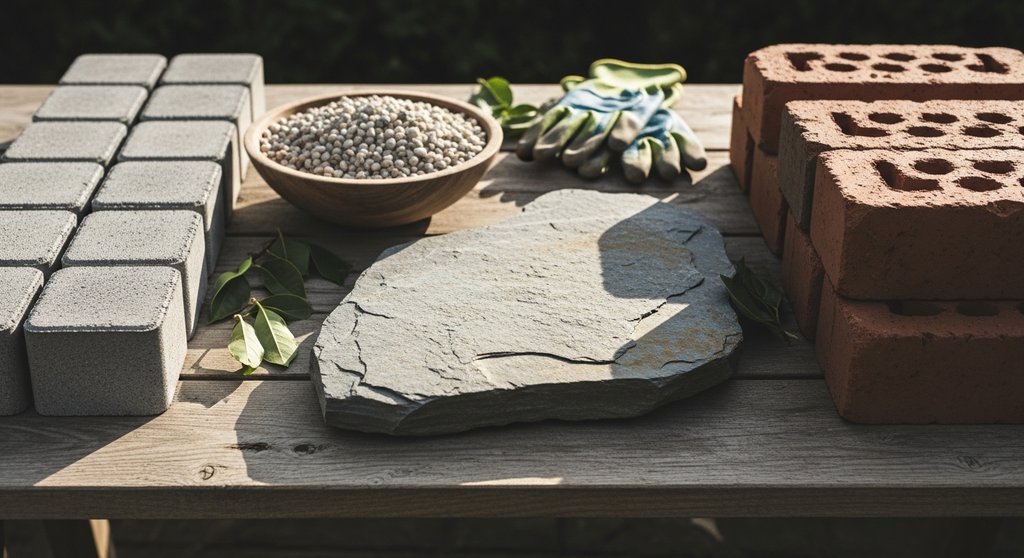Auswahl an Materialien für einen Gartenweg: Pflastersteine, Kies, Naturstein und Klinker.