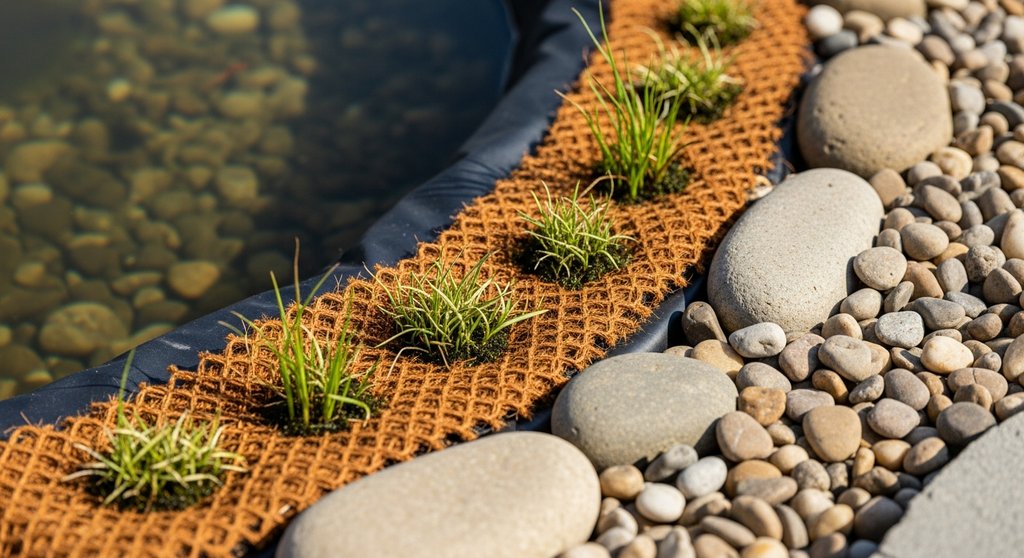 Detailaufnahme einer naturnah gestalteten Uferzone eines Gartenteichs mit Ufermatte und Kieseln.