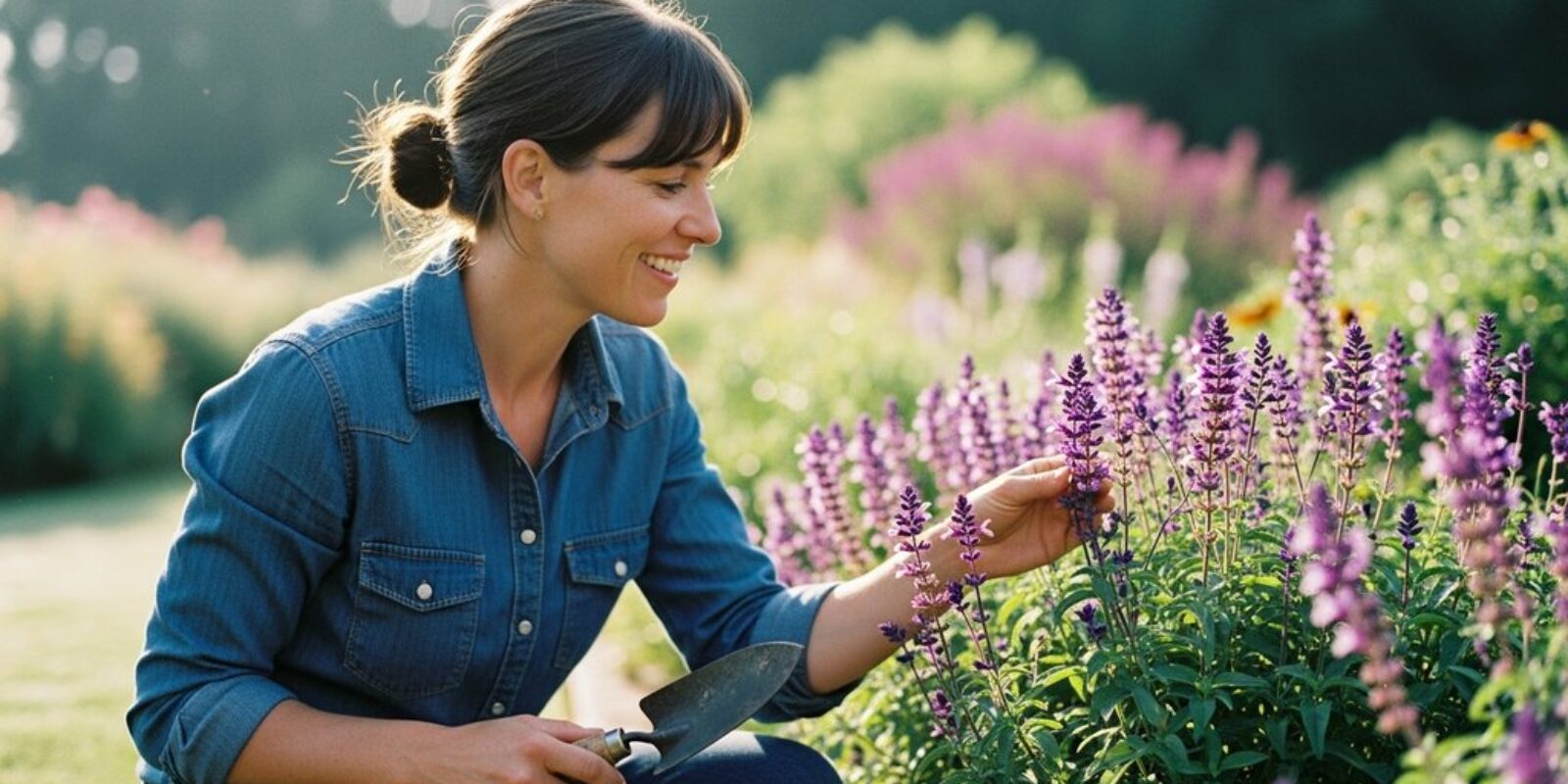 Editorial style environmental portrait, medium shot of a woman in her late 30s with a genuine smile, kneeling beside a lush, natural-looking perennial bed in her garden. She's holding a small trowel and gently touching a blooming salvia. The lighting is soft morning sun, creating a gentle bokeh effect in the background with other garden elements. The overall mood is one of quiet satisfaction and joy. True-to-life colors, shot on a 35mm camera, Kodak Portra 400 style with slight film grain. The focus is on her authentic emotion and connection to the plants, visible skin texture.