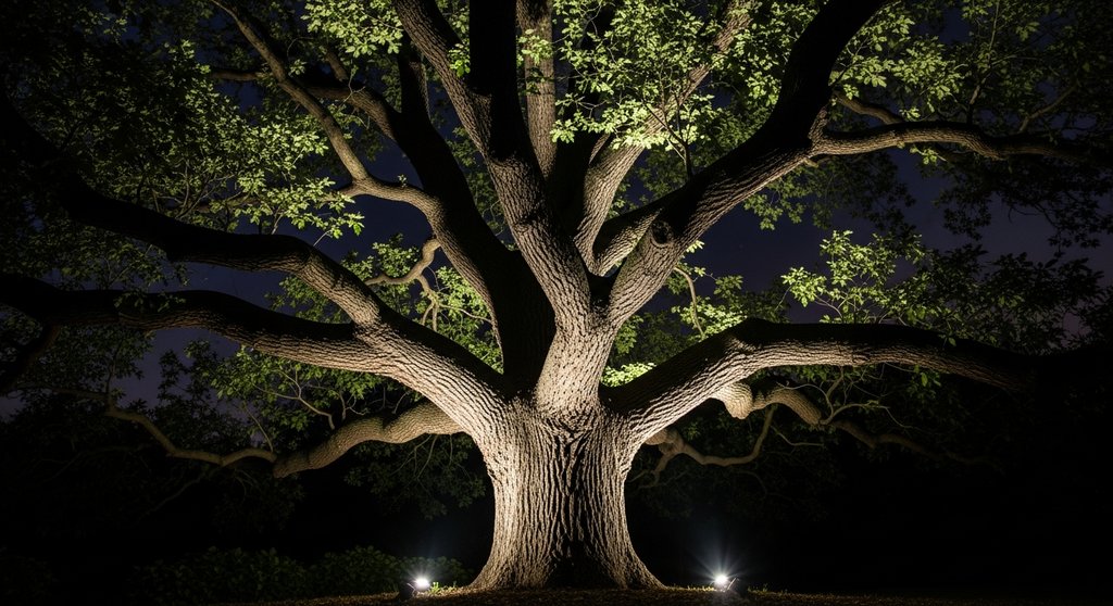 Ein alter Baum wird durch Uplighting Gartenbeleuchtung dramatisch in Szene gesetzt