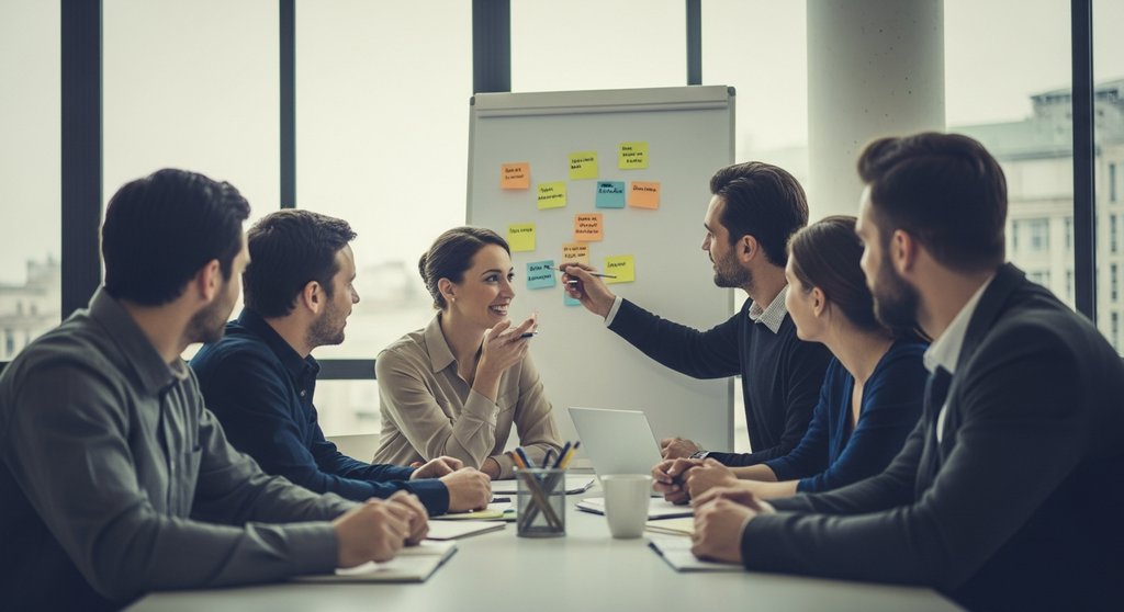 Ein divers aufgestelltes Team arbeitet in einem Meeting konstruktiv zusammen. Editorial Style, Environmental Portrait eines kleinen, diversen Teams (4-5 Personen) in einem hellen, modernen Besprechungsraum. Sie sitzen um einen Tisch und diskutieren engagiert, aber freundlich über ein Whiteboard mit Notizen. Authentische Interaktion, keine gestellten Posen. Natürliches Licht von der Seite. DSLR, High resolution photography, muted tones, slight film grain. →