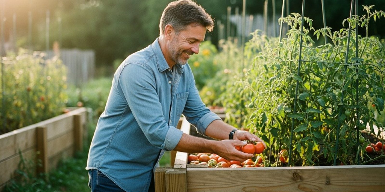 Ein glücklicher Gärtner erntet frisches Gemüse aus seinem selbst angelegten Hochbeet.