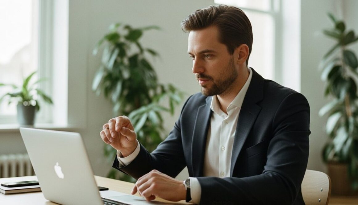 Ein Mann formuliert am Laptop eine E-Mail für seine Gehaltsverhandlung.