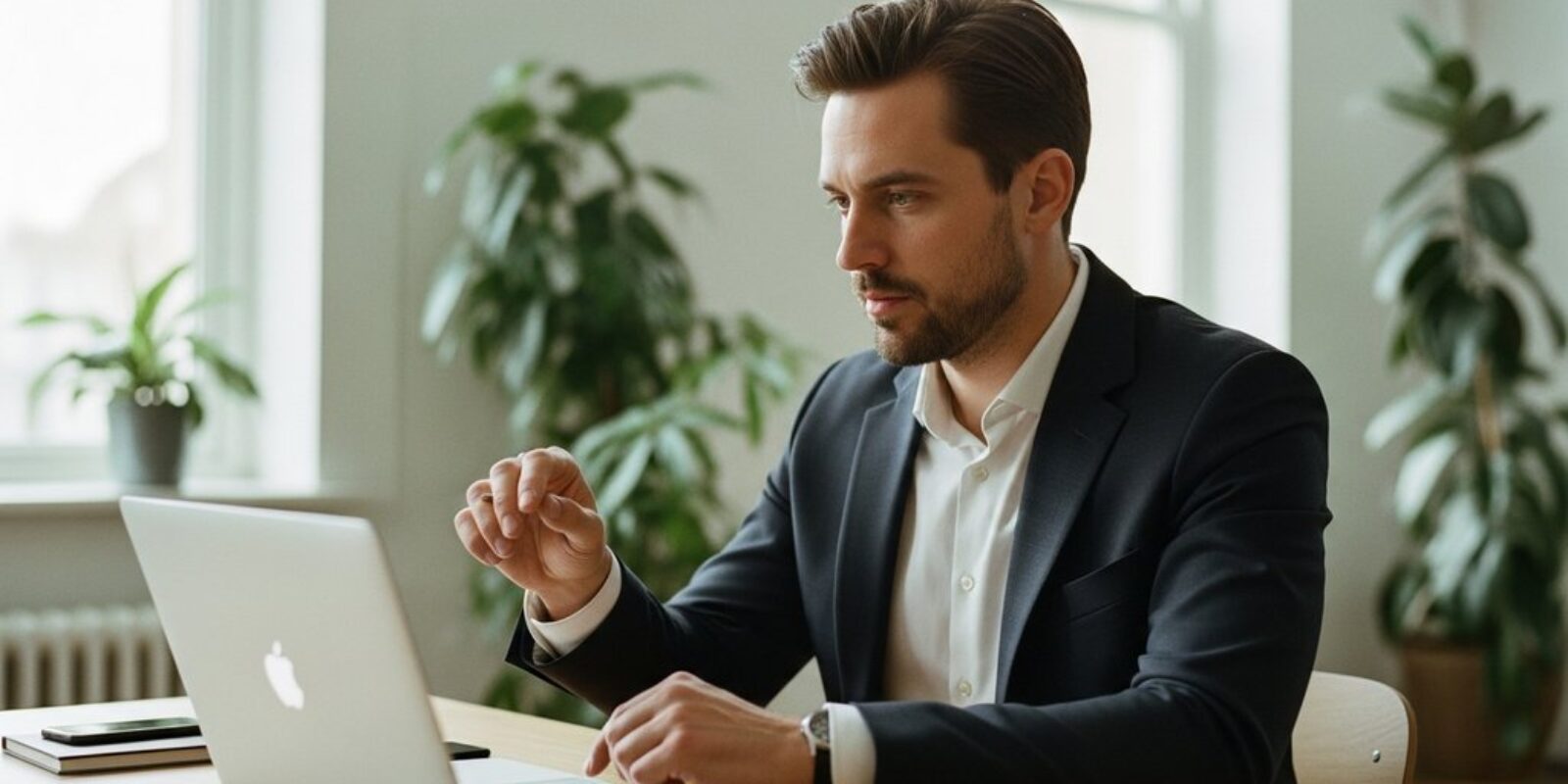 Ein Mann formuliert am Laptop eine E-Mail für seine Gehaltsverhandlung.