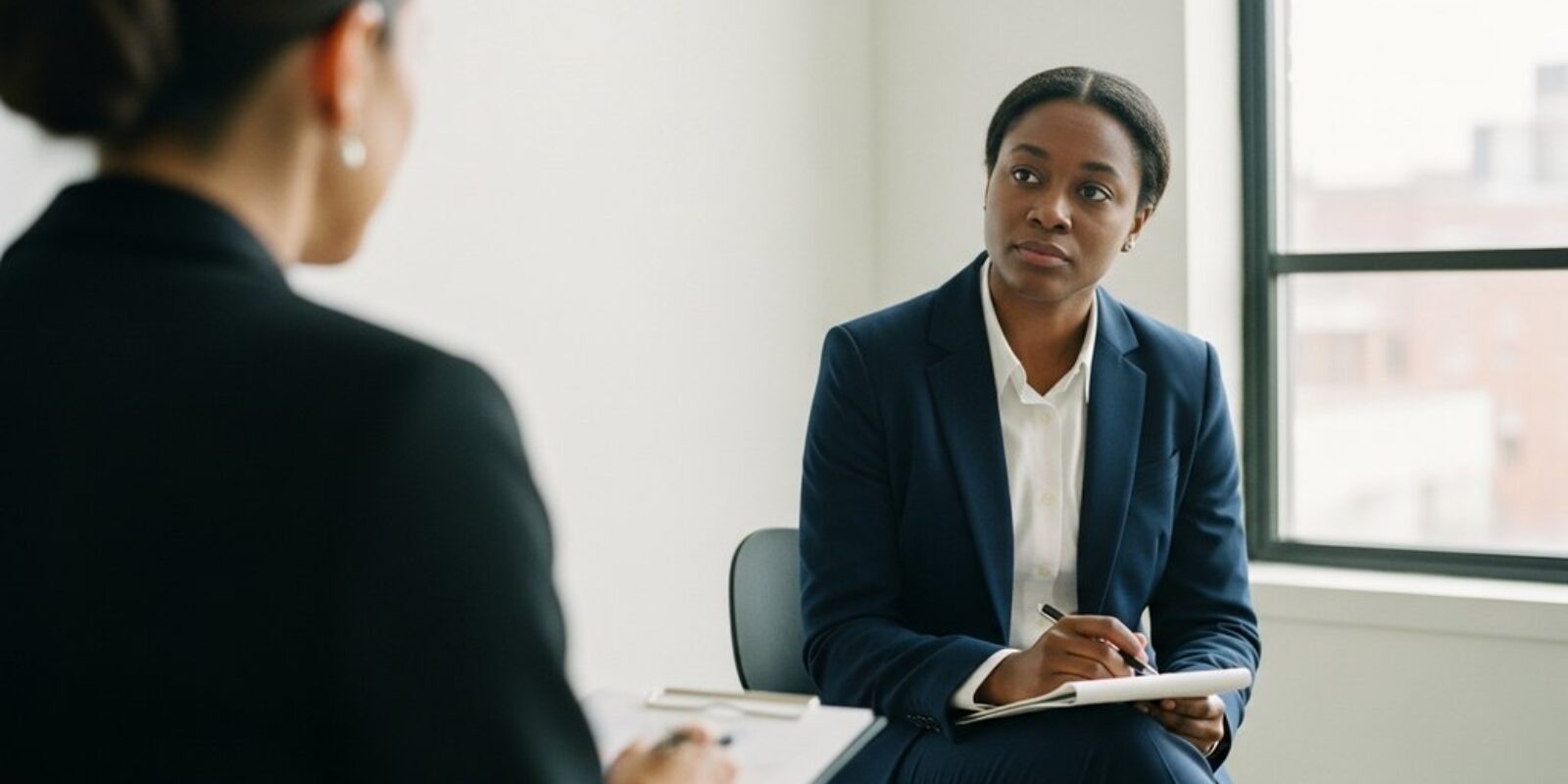 Ein Mitarbeiter in einem professionellen Gespräch nach einer abgelehnten Gehaltserhöhung. Editorial Style Fotografie. Medium Shot einer Person in einem modernen, minimalistischen Büro, die einem unscharfen Vorgesetzten gegenübersitzt. Die Person hört aufmerksam zu, mit einem nachdenklichen, aber entschlossenen Gesichtsausdruck, nicht besiegt. Sie hält einen Notizblock und einen Stift. Natürliches Licht von einem großen Fenster. Shot on 35mm camera, Kodak Portra 400 style, true-to-life colors, slight film grain, depth of field.