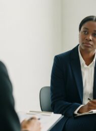 Ein Mitarbeiter in einem professionellen Gespräch nach einer abgelehnten Gehaltserhöhung. Editorial Style Fotografie. Medium Shot einer Person in einem modernen, minimalistischen Büro, die einem unscharfen Vorgesetzten gegenübersitzt. Die Person hört aufmerksam zu, mit einem nachdenklichen, aber entschlossenen Gesichtsausdruck, nicht besiegt. Sie hält einen Notizblock und einen Stift. Natürliches Licht von einem großen Fenster. Shot on 35mm camera, Kodak Portra 400 style, true-to-life colors, slight film grain, depth of field.