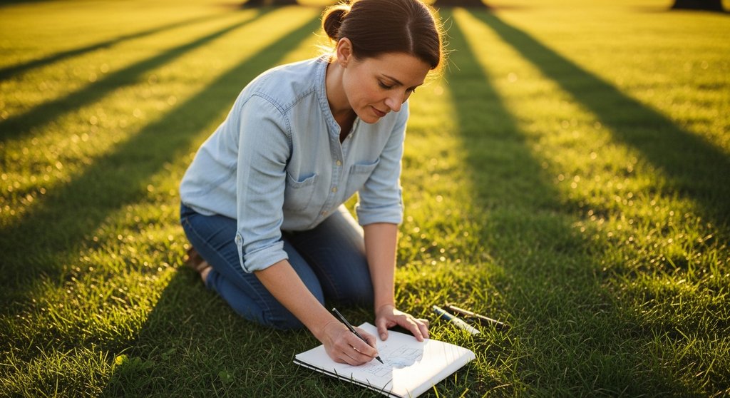 Eine Frau analysiert die Sonnenverhältnisse in ihrem Garten und macht sich Notizen.