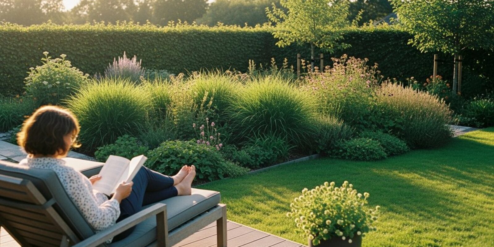 Eine Frau entspannt in ihrem pflegeleichten Garten mit Stauden und Gräsern.