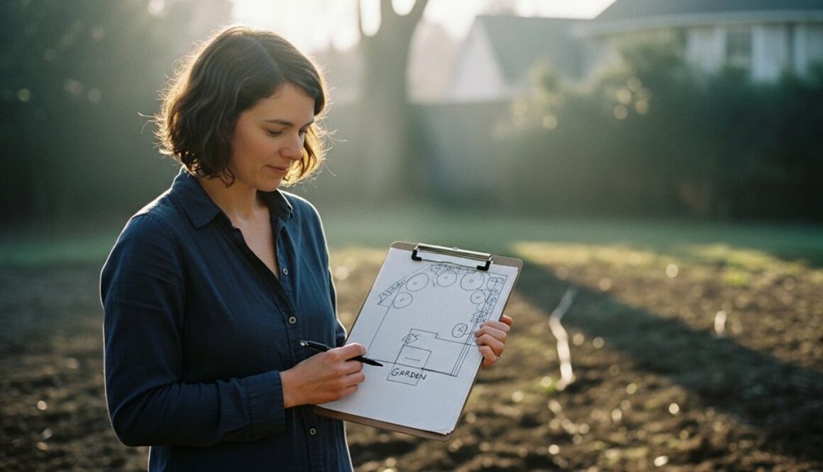 Eine Frau plant sorgfältig ihren neuen Garten und blickt auf einen Plan.