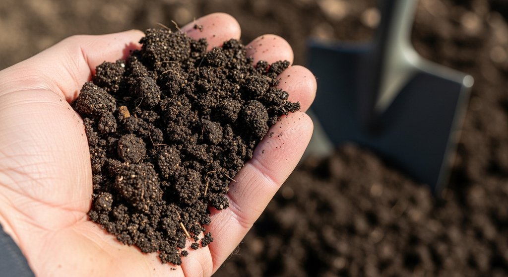 Eine Hand hält eine Probe fruchtbarer, dunkler Gartenerde, um die Bodenqualität zu prüfen.