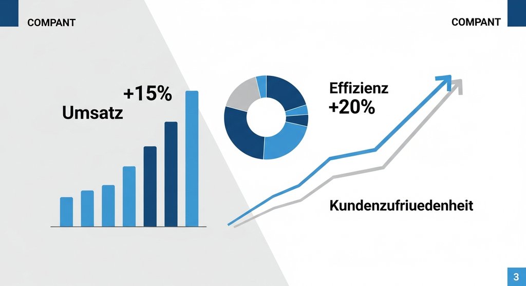 Eine moderne Infografik mit steigenden Balkendiagrammen und positiven Kennzahlen. Eine stilisierte Infografik in den Firmenfarben Blau und Grau, die Wachstum symbolisiert. Sie zeigt ein Balkendiagramm, ein Kuchendiagramm und eine nach oben zeigende Trendlinie. Die Texte sind auf Deutsch und lauten 'Umsatz +15%', 'Effizienz +20%', 'Kundenzufriedenheit'. Klar, minimalistisch und professionell. →
