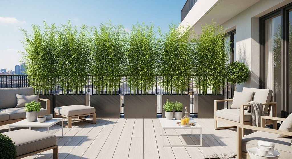 Eine moderne Terrasse mit einer grünen Wand aus Bambus in Pflanzkübeln als Sichtschutz.