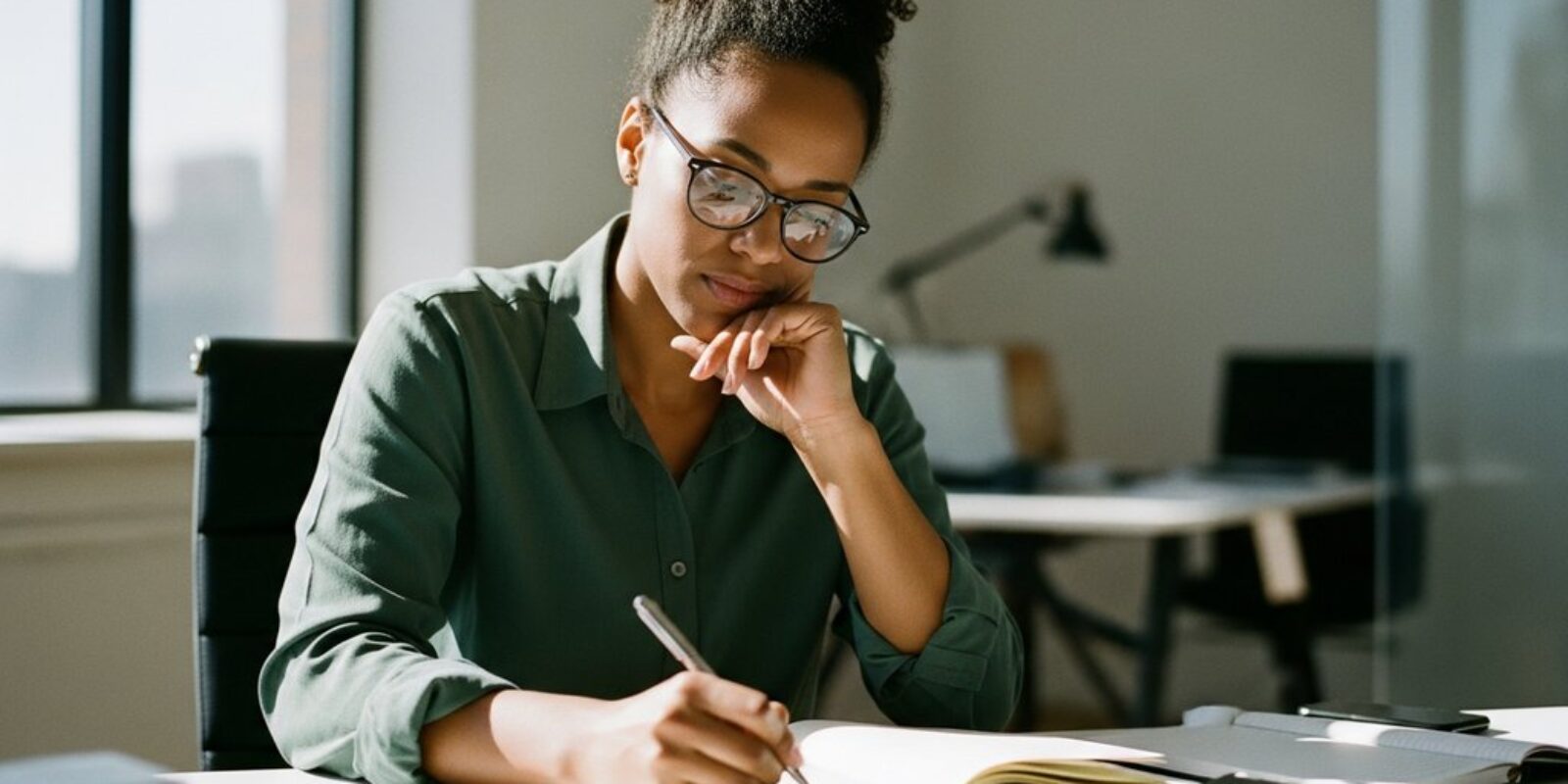 Eine Person bereitet sich konzentriert auf ein wichtiges Gespräch vor und macht sich Notizen. Editorial Style, Medium Shot einer Person (30er, divers) an einem aufgeräumten, modernen Schreibtisch bei natürlichem Tageslicht. Die Person blickt nachdenklich, aber selbstbewusst auf ihre Notizen. Der Fokus liegt auf der konzentrierten Mimik. Im Hintergrund unscharf ein Büro. Warme, gedämpfte Töne, leichter Filmkorn. Shot on 35mm camera, Kodak Portra 400 style, visible skin texture, depth of field. →