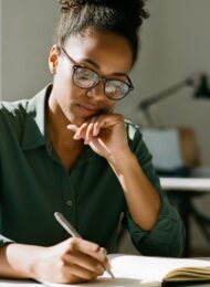 Eine Person bereitet sich konzentriert auf ein wichtiges Gespräch vor und macht sich Notizen. Editorial Style, Medium Shot einer Person (30er, divers) an einem aufgeräumten, modernen Schreibtisch bei natürlichem Tageslicht. Die Person blickt nachdenklich, aber selbstbewusst auf ihre Notizen. Der Fokus liegt auf der konzentrierten Mimik. Im Hintergrund unscharf ein Büro. Warme, gedämpfte Töne, leichter Filmkorn. Shot on 35mm camera, Kodak Portra 400 style, visible skin texture, depth of field. →