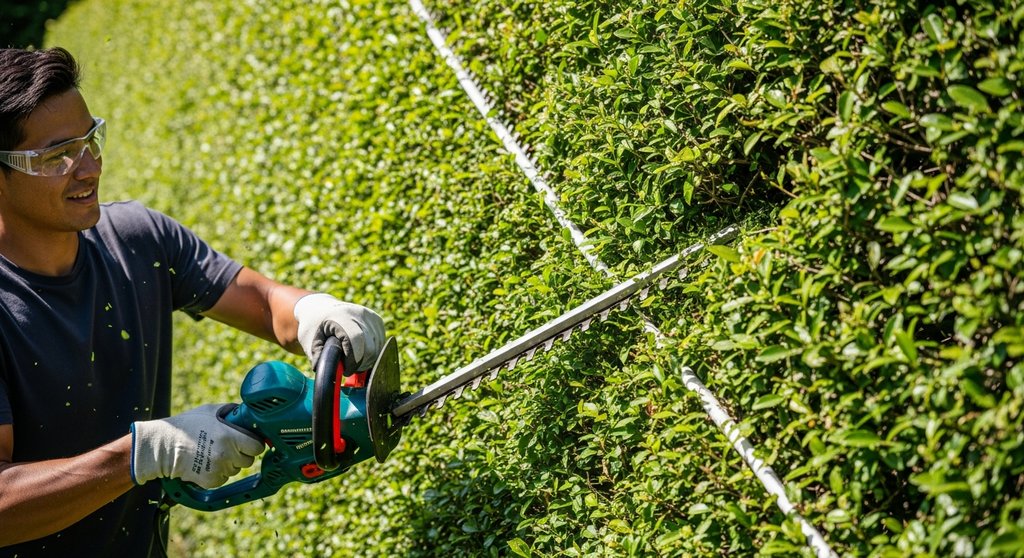 Eine Person führt einen präzisen Formschnitt an einer dichten, grünen Hecke mit einer Heckenschere durch.
