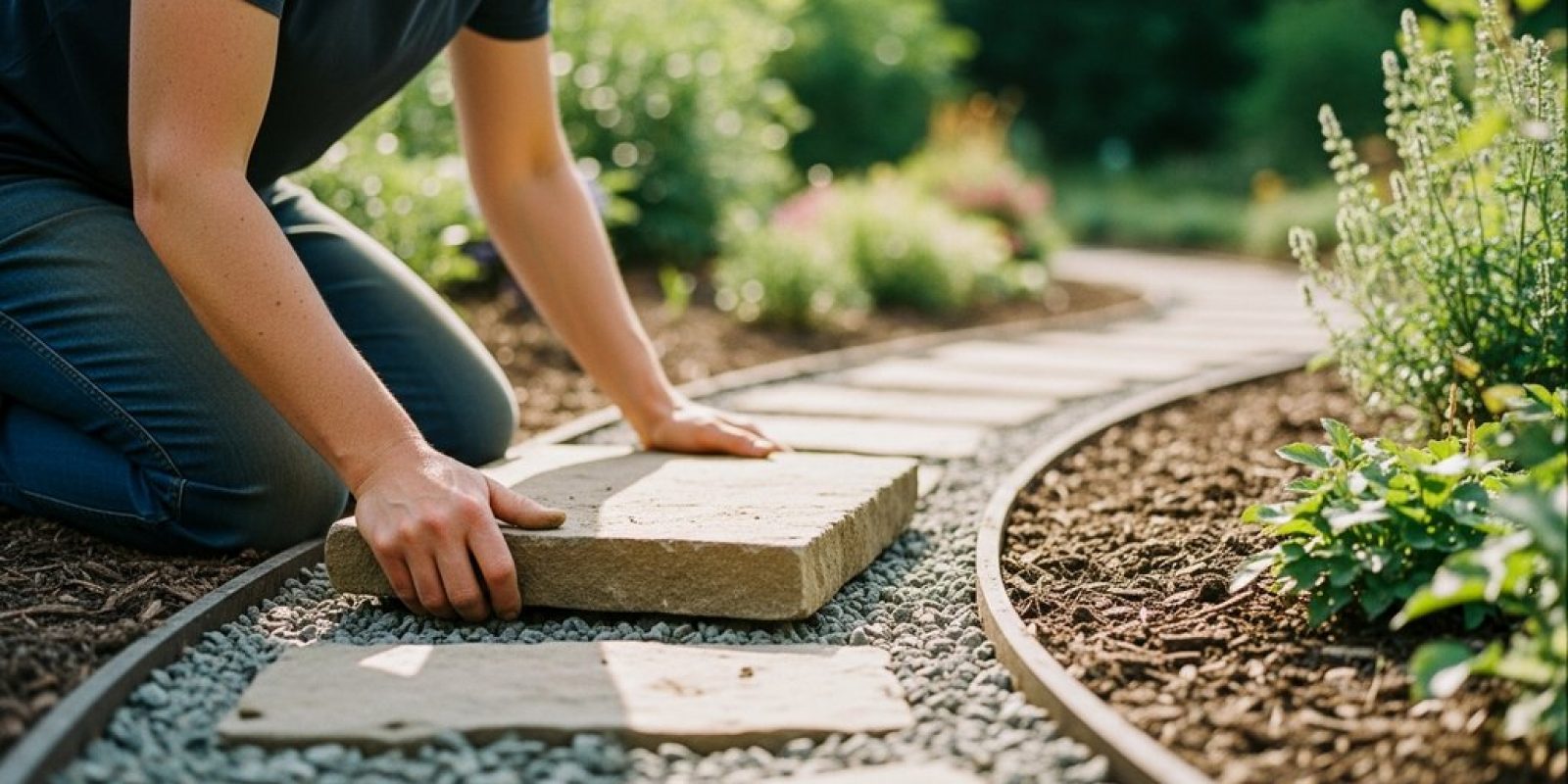 Eine Person legt einen Gartenweg mit Natursteinplatten in einem blühenden Garten an.