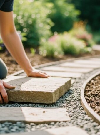 Eine Person legt einen Gartenweg mit Natursteinplatten in einem blühenden Garten an.