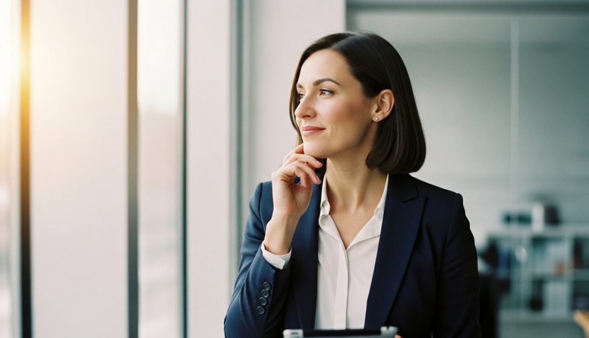 Eine selbstbewusst lächelnde Person bereitet sich in einem modernen Büro auf ihre Gehaltsverhandlung vor.