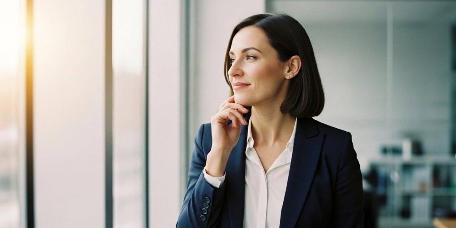 Eine selbstbewusst lächelnde Person bereitet sich in einem modernen Büro auf ihre Gehaltsverhandlung vor.