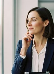 Eine selbstbewusst lächelnde Person bereitet sich in einem modernen Büro auf ihre Gehaltsverhandlung vor.