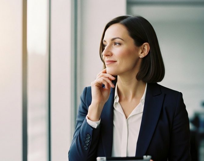 Eine selbstbewusst lächelnde Person bereitet sich in einem modernen Büro auf ihre Gehaltsverhandlung vor.