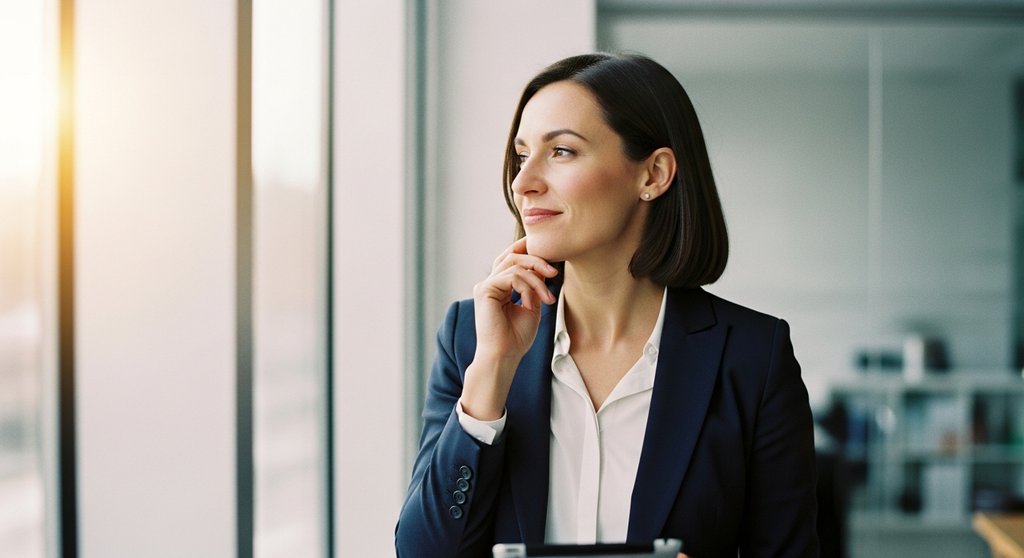 Eine selbstbewusst lächelnde Person bereitet sich in einem modernen Büro auf ihre Gehaltsverhandlung vor.