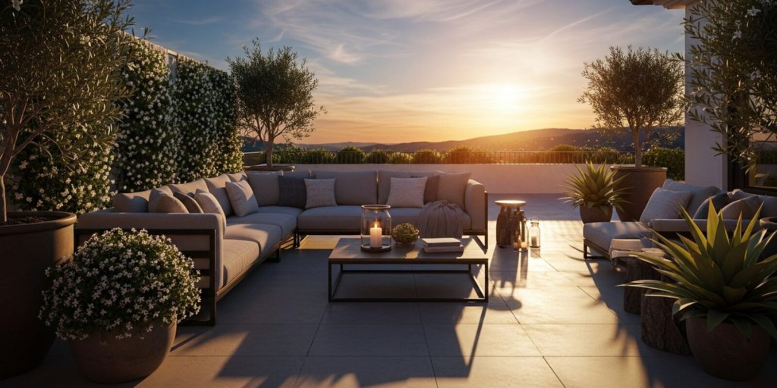 Eine stilvoll gestaltete Terrasse mit gemütlichen Loungemöbeln und Pflanzen bei Sonnenuntergang.