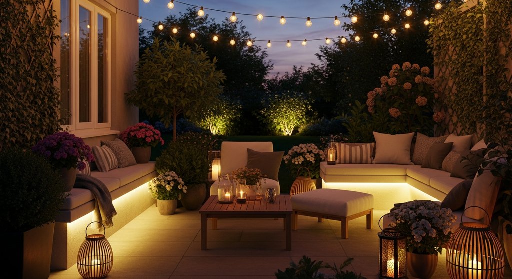 Gemütliche Gartenterrasse mit Lichterketten und indirekter Beleuchtung am Abend