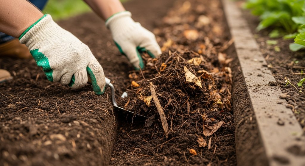 Hände arbeiten Kompost in die Erde eines Pflanzgrabens ein, um den Boden für eine Hecke zu verbessern.