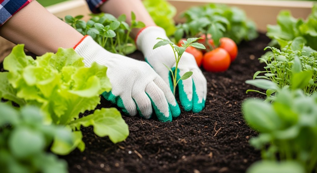 Hände in Gartenhandschuhen pflanzen junge Gemüsesetzlinge in die Erde eines Hochbeets.