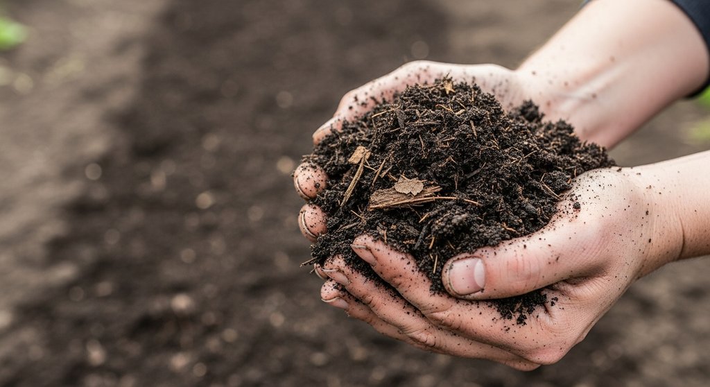 High-resolution, detailed shot of hands covered in dark soil, holding a handful of rich compost. The background is a freshly prepared, dark brown garden bed, ready for planting. The focus is sharp on the texture of the soil and compost. The lighting is natural and soft, emphasizing the earthy tones. DSLR photography, depth of field, candid style.