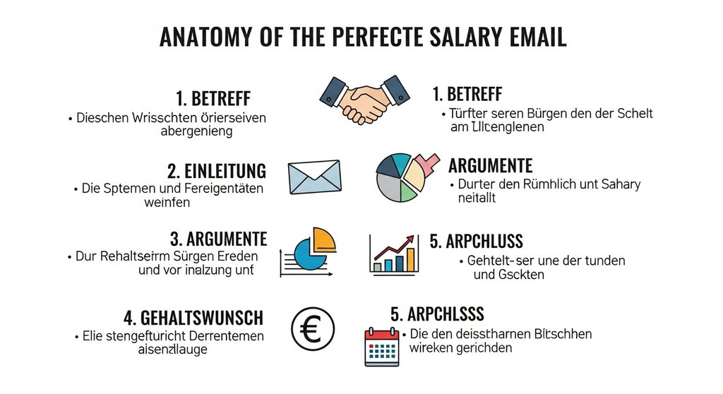 Infografik, die die 5 wichtigen Bestandteile einer E-Mail zur Gehaltsverhandlung zeigt.