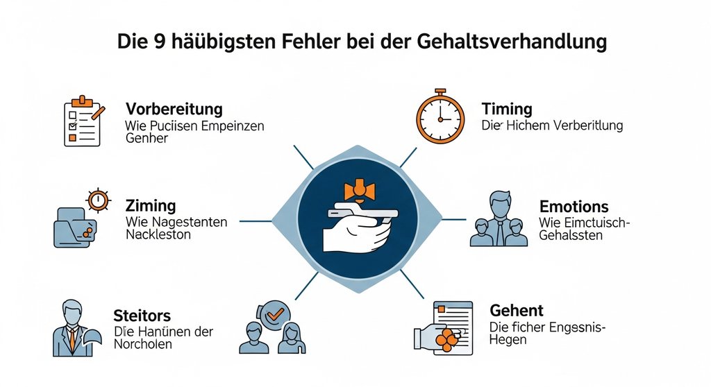 Infografik mit 9 Icons, die die häufigsten Fehler in einer Gehaltsverhandlung darstellen.