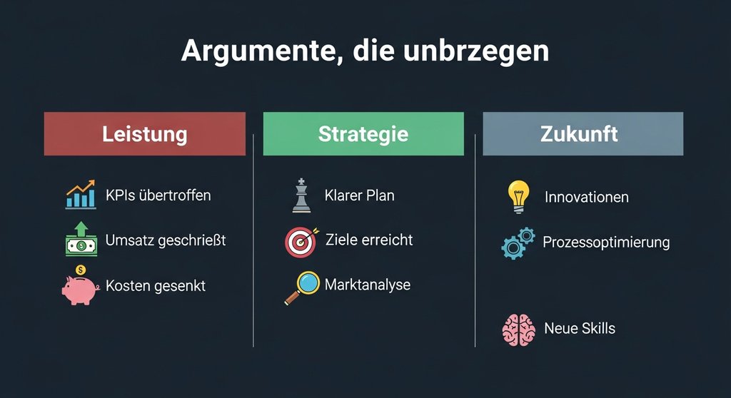 Infografik mit den drei SĂ€ulen ĂŒberzeugender Argumente fĂŒr die Gehaltsverhandlung: Leistung, Strategie und Zukunft.